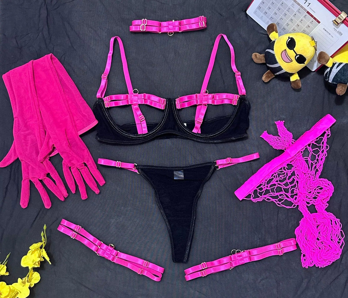 Lingerie Suit Mesh Contrast Color See-through Underwear Suit Ropa Mujeres Lencería