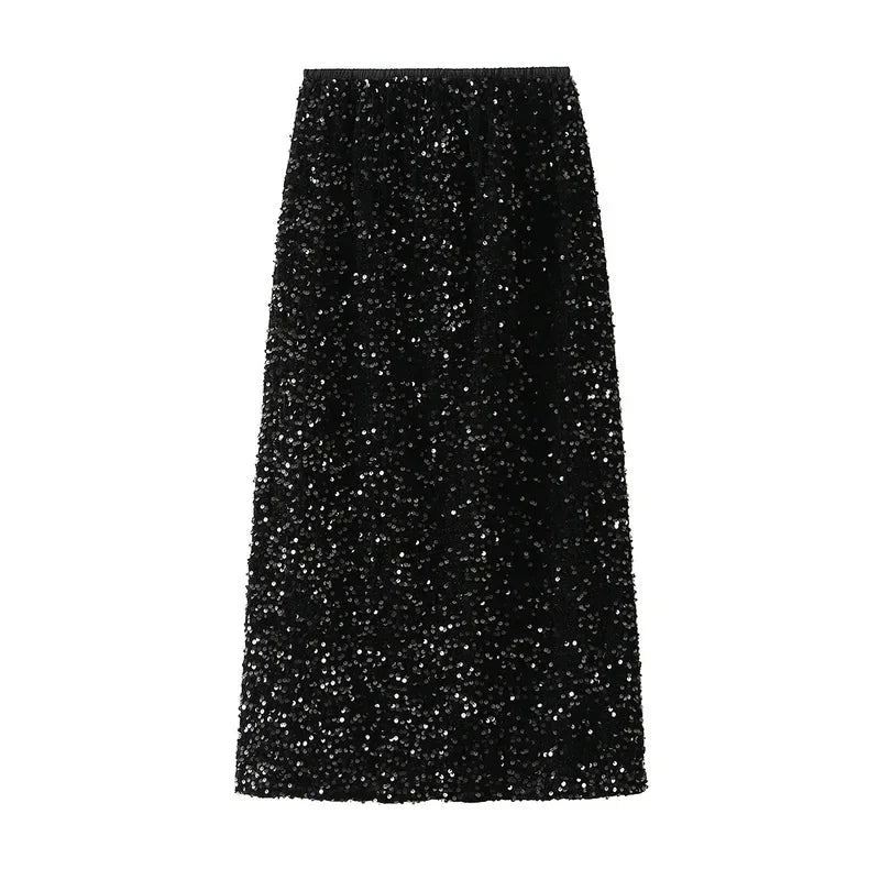Shiny Sequin Skirts Party Wear Harajuku Elegant Long Skirt Faldas Y2k Club Sequins Saias Jupe Ropa