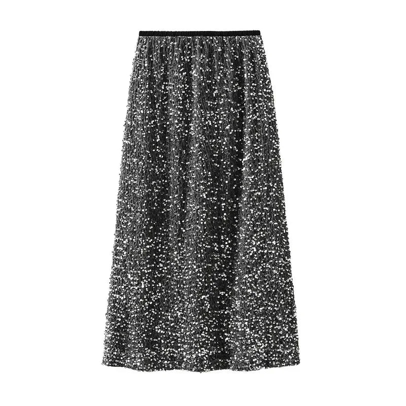 Shiny Sequin Skirts Party Wear Harajuku Elegant Long Skirt Faldas Y2k Club Sequins Saias Jupe Ropa