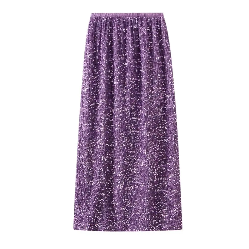 Shiny Sequin Skirts Party Wear Harajuku Elegant Long Skirt Faldas Y2k Club Sequins Saias Jupe Ropa
