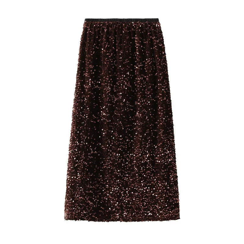 Shiny Sequin Skirts Party Wear Harajuku Elegant Long Skirt Faldas Y2k Club Sequins Saias Jupe Ropa