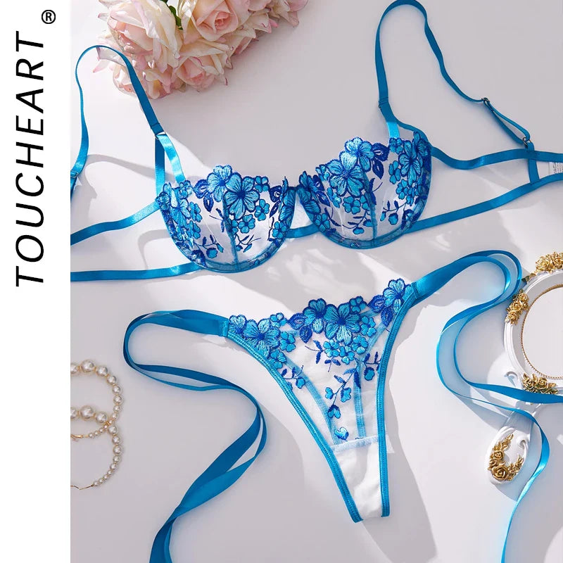 Toucheart 2 Piece Set Embroidery Lingerie Set Sheer Bra and Brief Underwear Set Satin Intimates See-Through Underwear