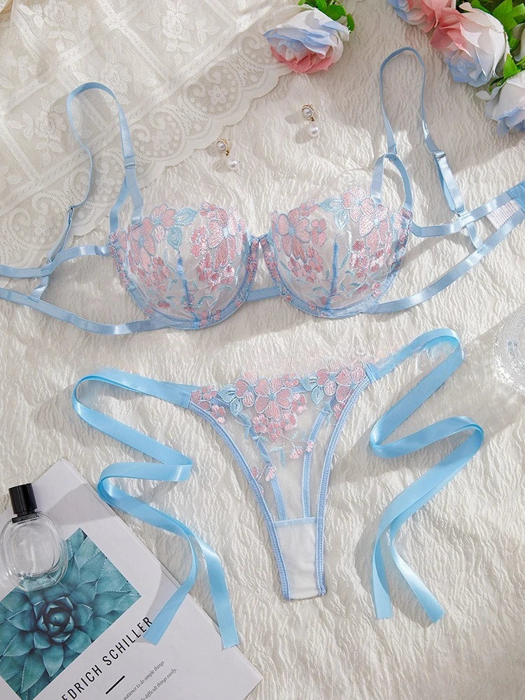 Toucheart 2 Piece Set Embroidery Lingerie Set Sheer Bra and Brief Underwear Set Satin Intimates See-Through Underwear