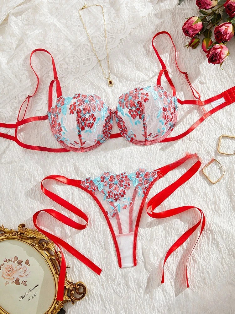 Toucheart 2 Piece Set Embroidery Lingerie Set Sheer Bra and Brief Underwear Set Satin Intimates See-Through Underwear