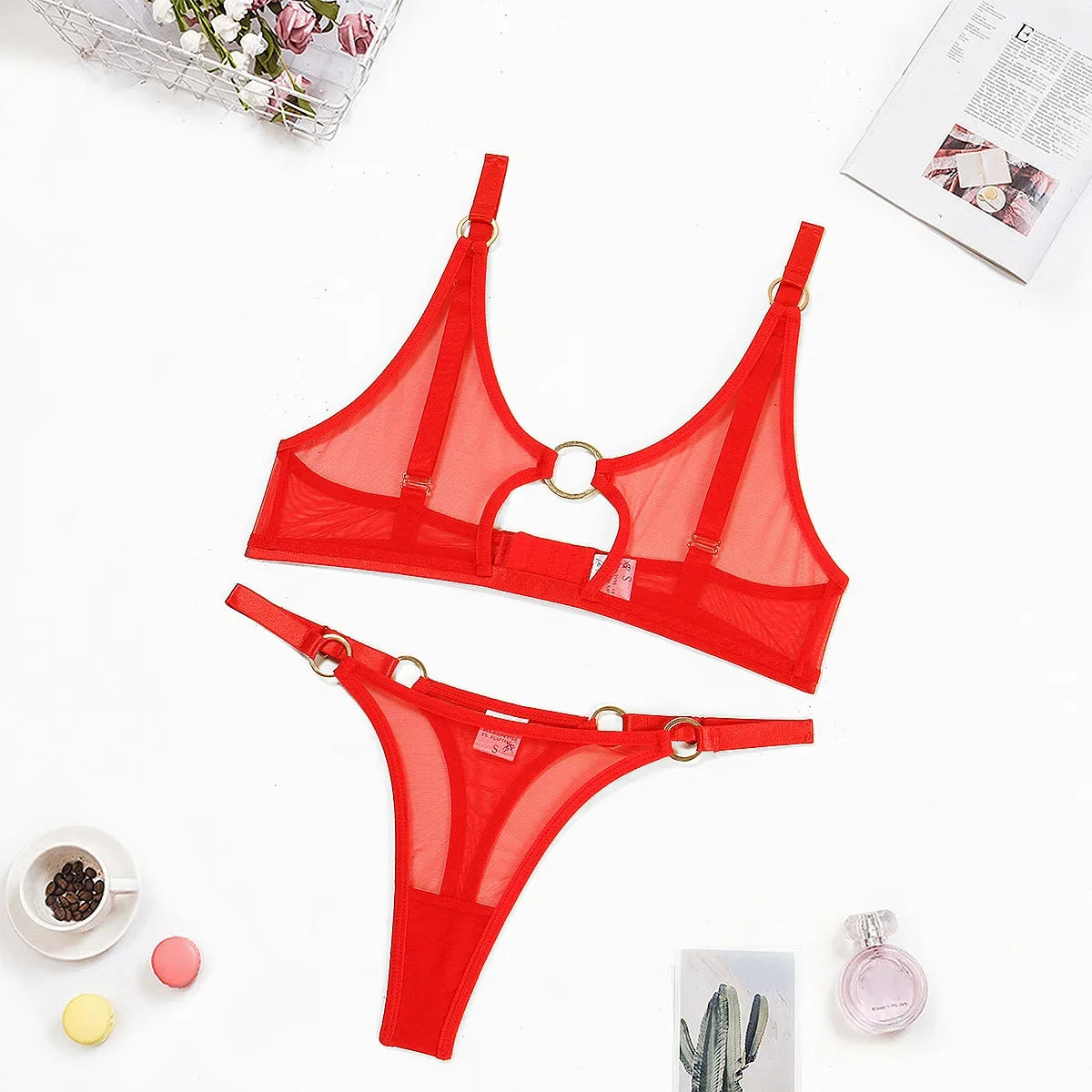 Toucheart 2 Piece Set Lingerie Outfit Mesh See-Through Intimate Sheer Lace Fantasy Tulle Comfortable Underwear