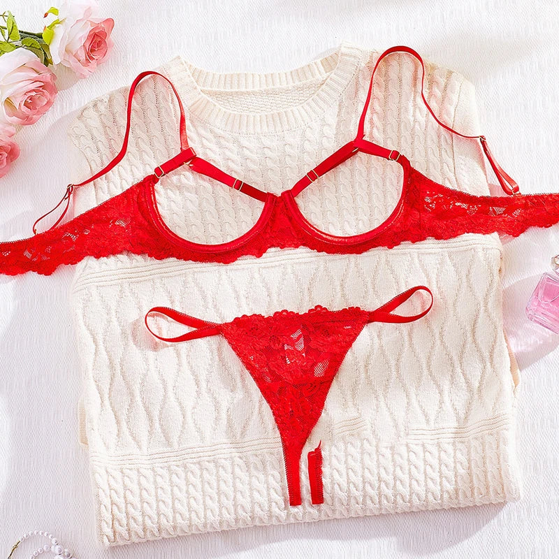 Toucheart 2 Piece Set Underwear Set Solid Color Lace Mesh See-through Bra Exotic Lingerie Set