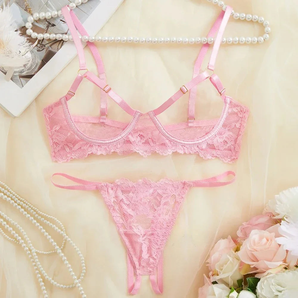 Toucheart 2 Piece Set Underwear Set Solid Color Lace Mesh See-through Bra Exotic Lingerie Set