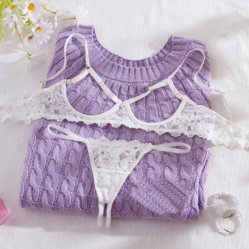 Toucheart 2 Piece Set Underwear Set Solid Color Lace Mesh See-through Bra Exotic Lingerie Set
