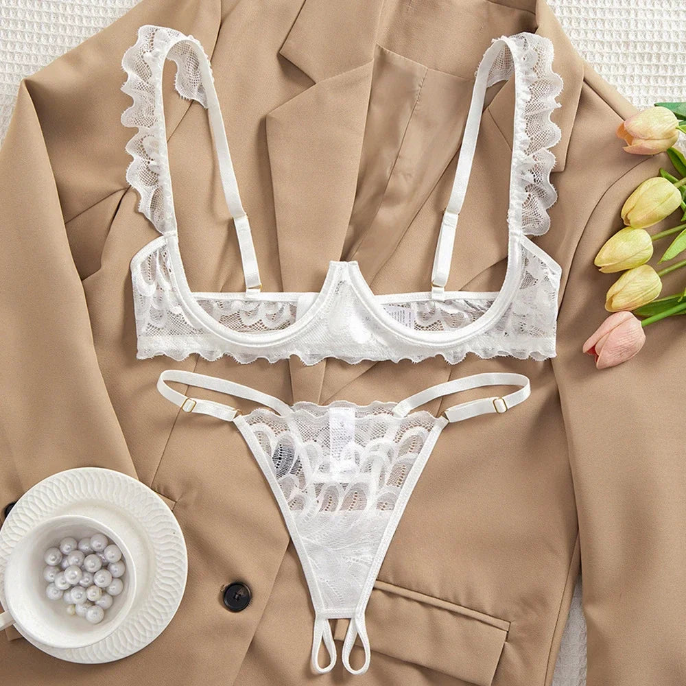 Toucheart 2 Piece Set Underwear Set Solid Color Lace Mesh See-through Bra Exotic Lingerie Set