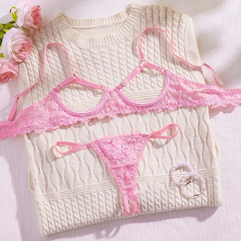 Toucheart 2 Piece Set Underwear Set Solid Color Lace Mesh See-through Bra Exotic Lingerie Set