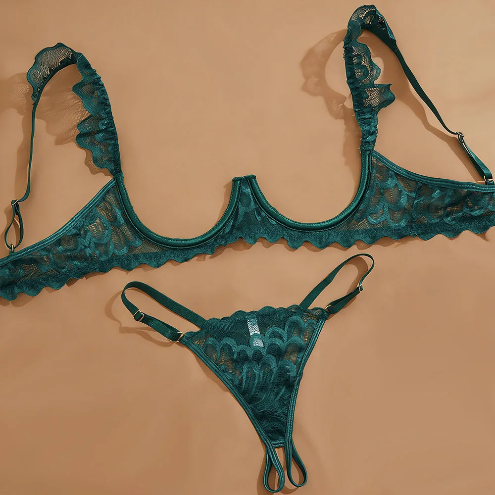 Toucheart 2 Piece Set Underwear Set Solid Color Lace Mesh See-through Bra Exotic Lingerie Set