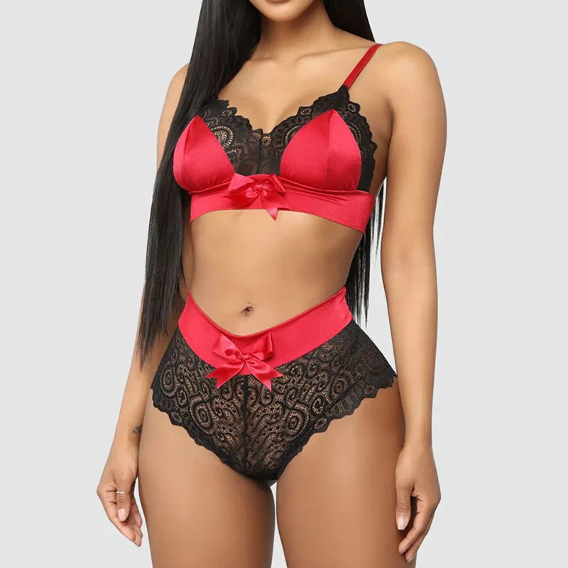 Toucheart 2-Piece Set Lingerie Set Lace Mesh Bow Three-Point Strap Bra See-Through Underwear Set