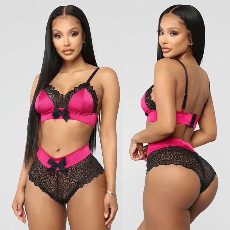 Toucheart 2-Piece Set Lingerie Set Lace Mesh Bow Three-Point Strap Bra See-Through Underwear Set