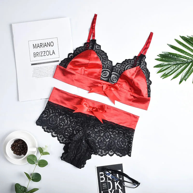 Toucheart 2-Piece Set Lingerie Set Lace Mesh Bow Three-Point Strap Bra See-Through Underwear Set