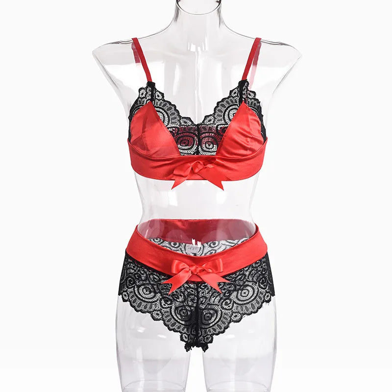 Toucheart 2-Piece Set Lingerie Set Lace Mesh Bow Three-Point Strap Bra See-Through Underwear Set