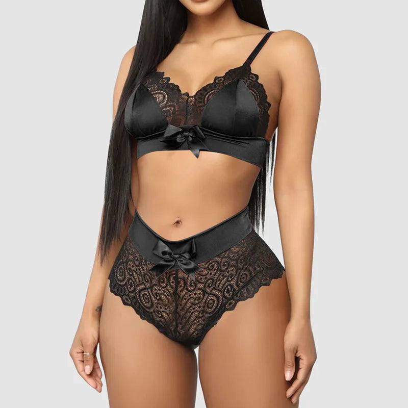 Toucheart 2-Piece Set Lingerie Set Lace Mesh Bow Three-Point Strap Bra See-Through Underwear Set