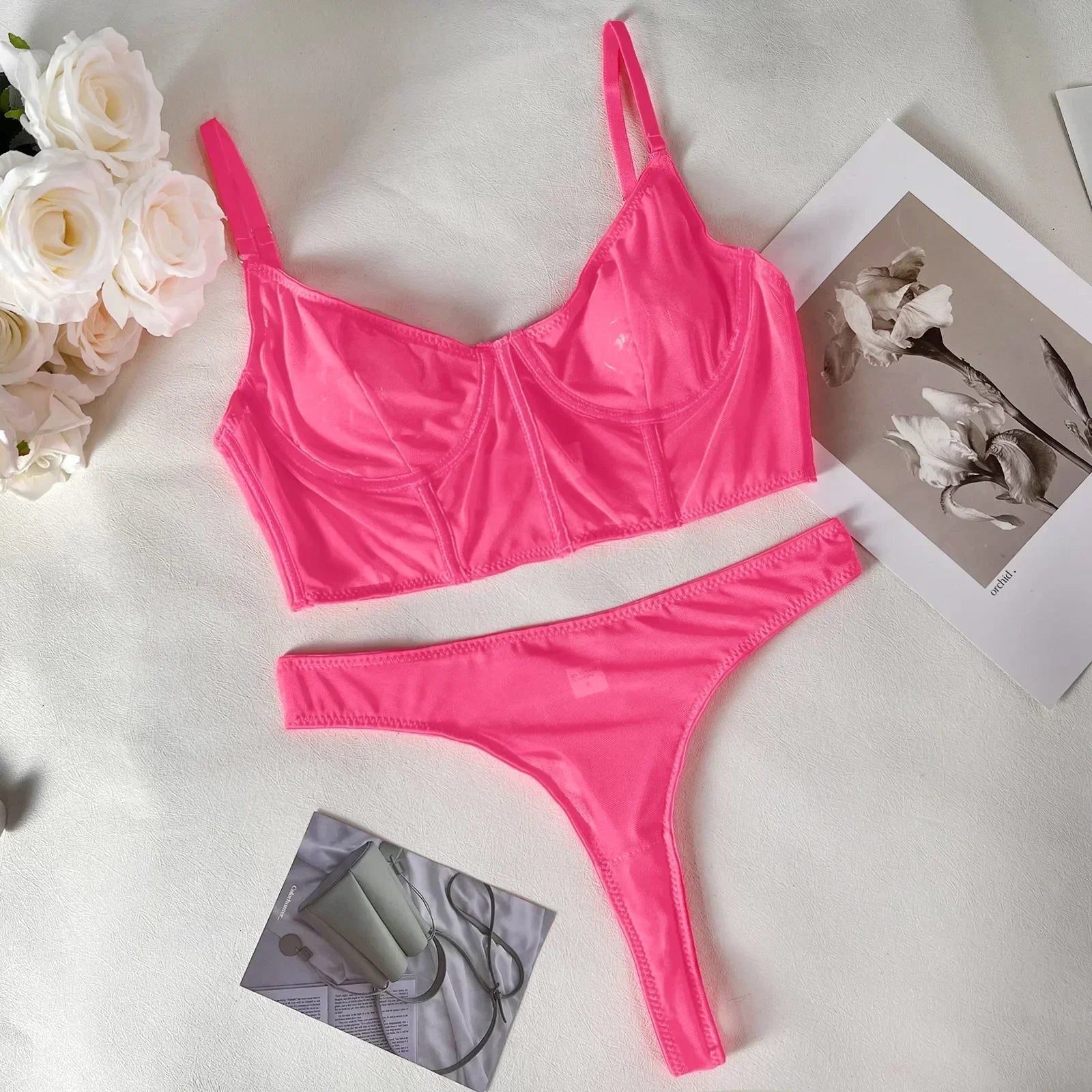Toucheart 2 Piece Set Lingerie Set Mesh Micro Perspective Beach Swimsuit Briefs Contrast Color Lingerie Set