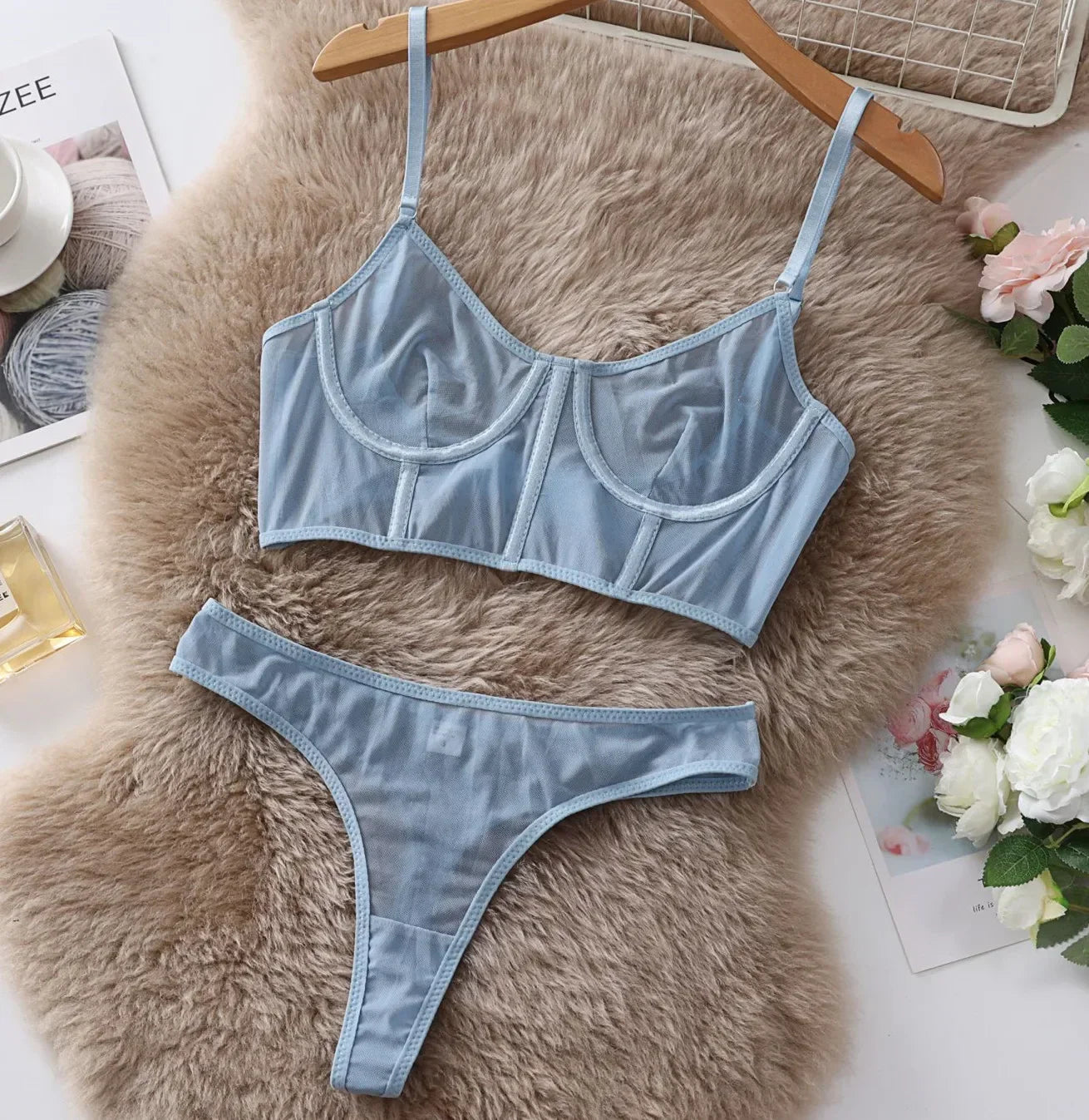 Toucheart 2 Piece Set Lingerie Set Mesh Micro Perspective Beach Swimsuit Briefs Contrast Color Lingerie Set
