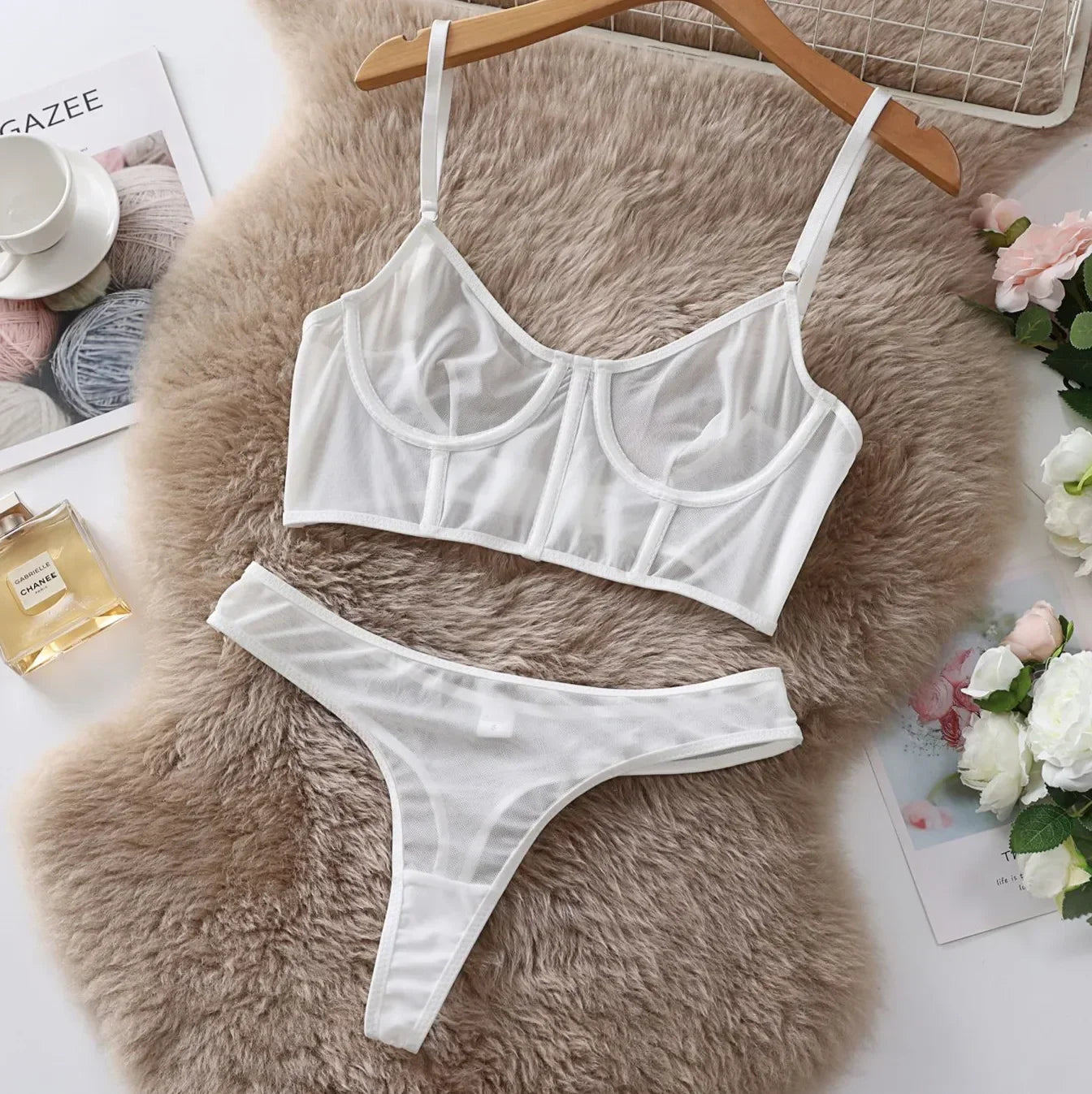 Toucheart 2 Piece Set Lingerie Set Mesh Micro Perspective Beach Swimsuit Briefs Contrast Color Lingerie Set