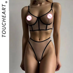 Toucheart 2 Piece Set Lingerie Set Mesh Micro Perspective Beach Swimsuit Briefs Contrast Color Lingerie Set