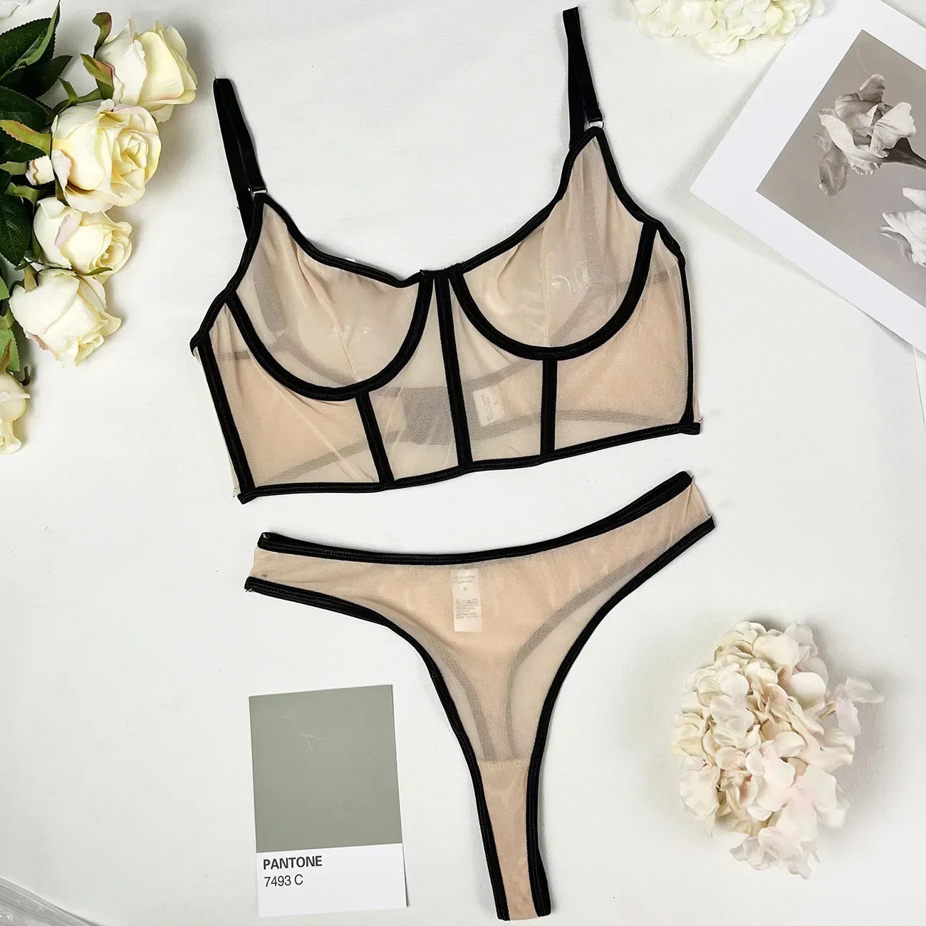 Toucheart 2 Piece Set Lingerie Set Mesh Micro Perspective Beach Swimsuit Briefs Contrast Color Lingerie Set