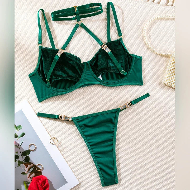 Toucheart 2-Piece Set Lingerie See-Through Halter Neck Comfortable Garter Socks Solid Color Underwear Set