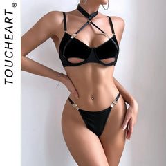Toucheart 2-Piece Set Lingerie See-Through Halter Neck Comfortable Garter Socks Solid Color Underwear Set