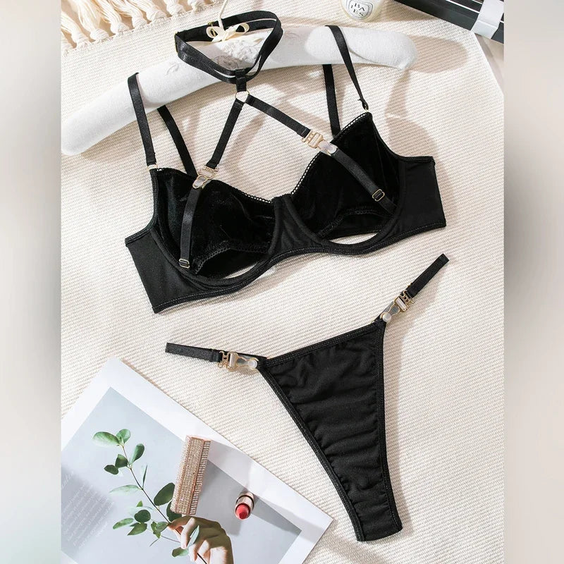 Toucheart 2-Piece Set Lingerie See-Through Halter Neck Comfortable Garter Socks Solid Color Underwear Set