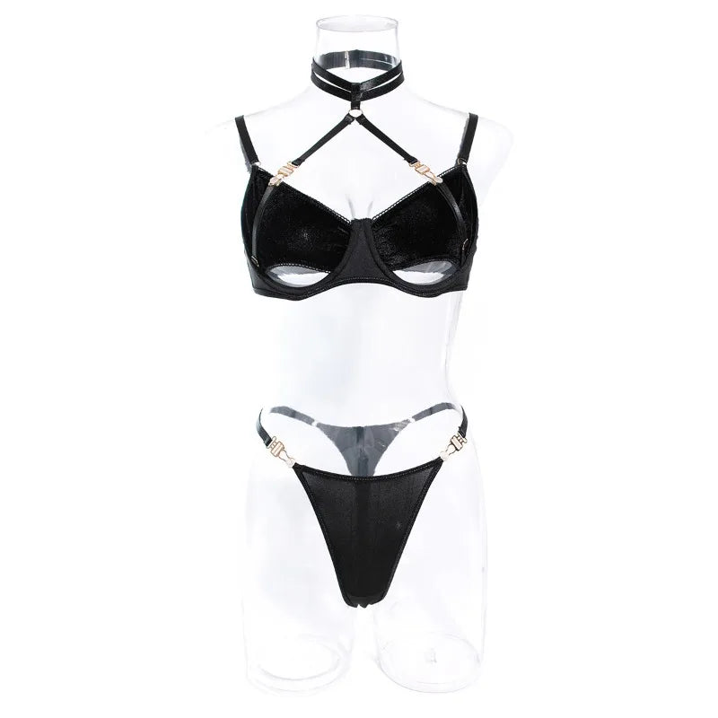 Toucheart 2-Piece Set Lingerie See-Through Halter Neck Comfortable Garter Socks Solid Color Underwear Set