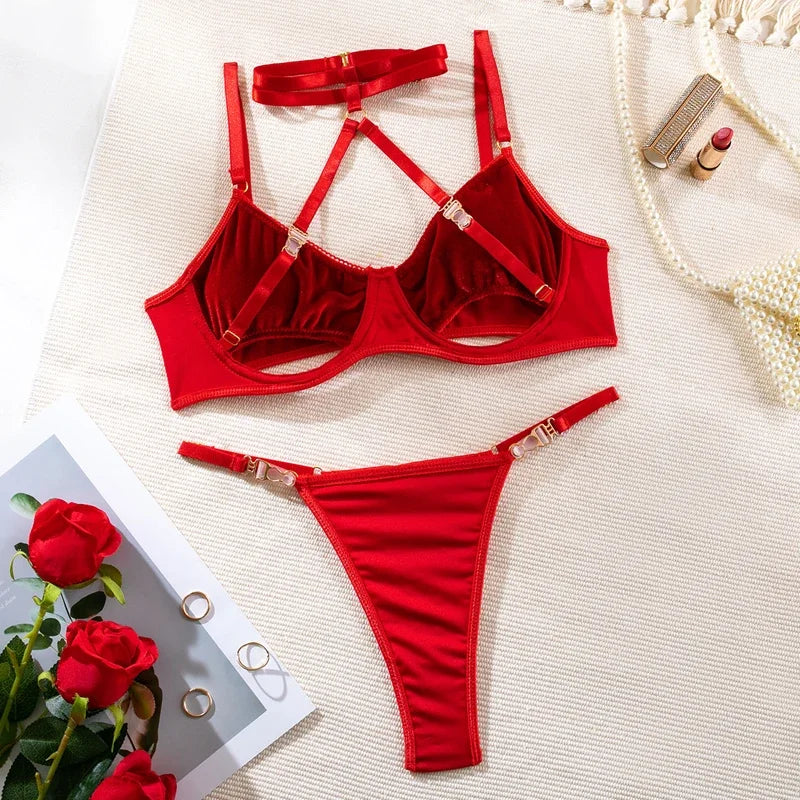 Toucheart 2-Piece Set Lingerie See-Through Halter Neck Comfortable Garter Socks Solid Color Underwear Set