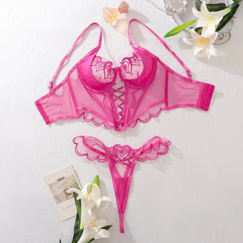 Toucheart 2 Piece Set Love Embroidered Shaping Bra Panties Cross Strap Mesh See-Through Underwear Set