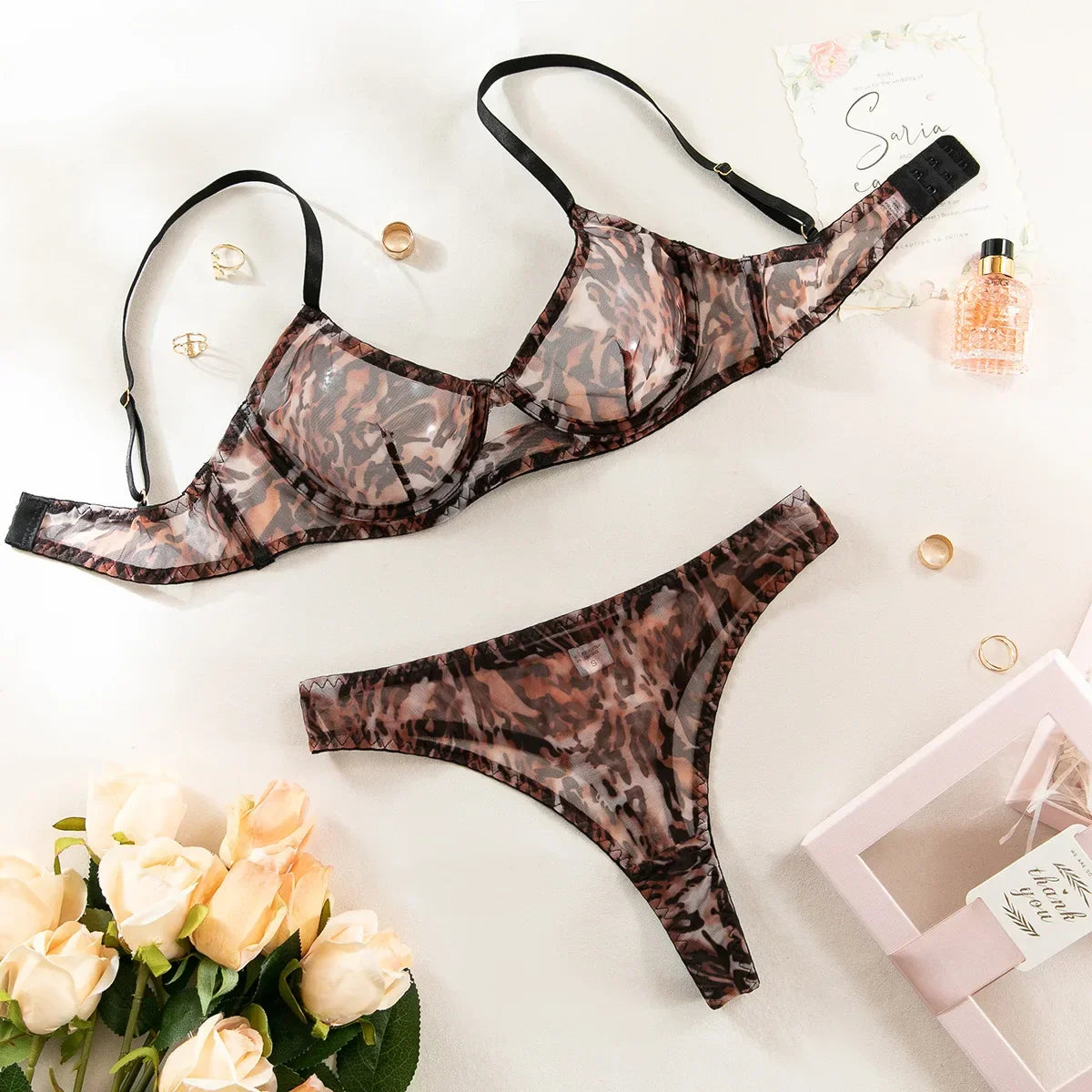 Toucheart 2-Piece Leopard Print Lingerie Set Bra Lingerie Thin Mesh Print See-Through Set