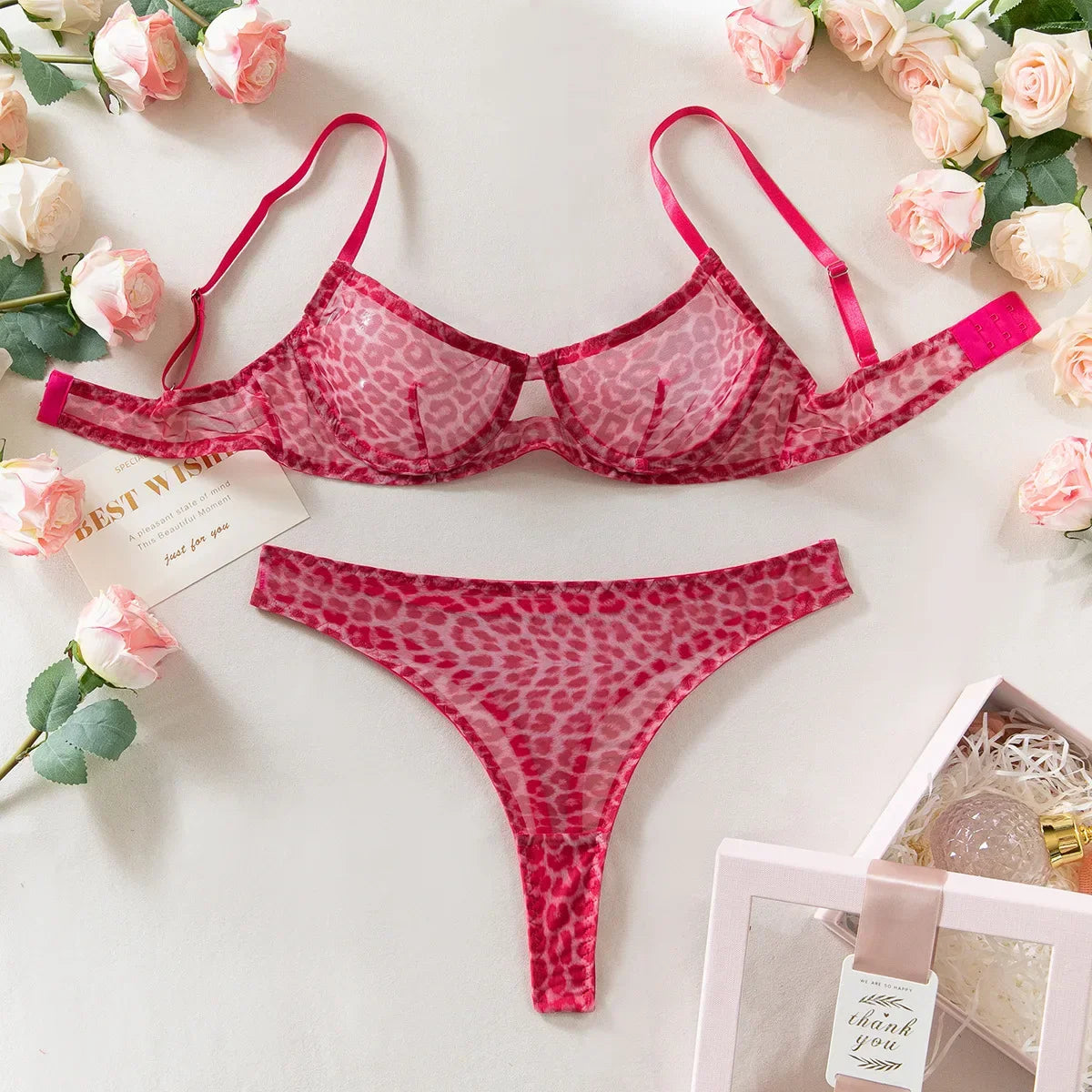 Toucheart 2-Piece Leopard Print Lingerie Set Bra Lingerie Thin Mesh Print See-Through Set
