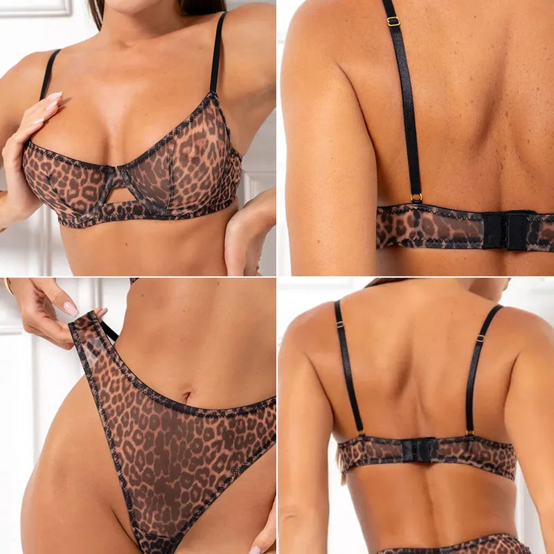 Toucheart 2-Piece Leopard Print Lingerie Set Bra Lingerie Thin Mesh Print See-Through Set