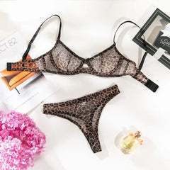 Toucheart 2-Piece Leopard Print Lingerie Set Bra Lingerie Thin Mesh Print See-Through Set