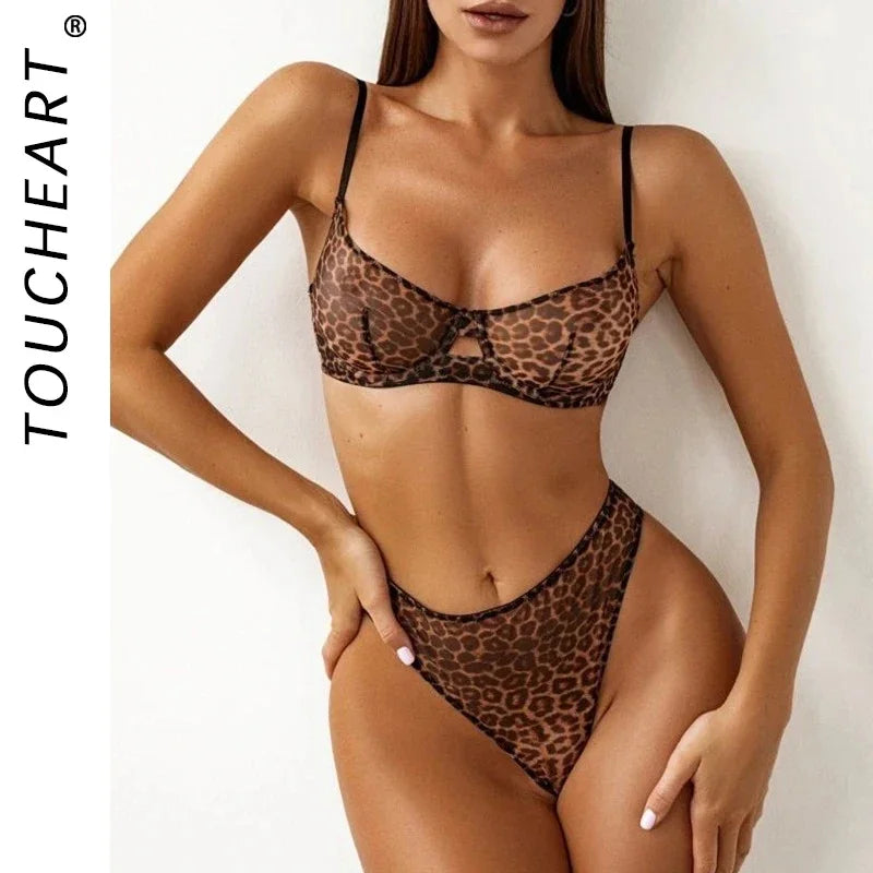Toucheart 2-Piece Leopard Print Lingerie Set Bra Lingerie Thin Mesh Print See-Through Set