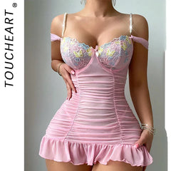 Toucheart 2-Piece Lingerie Lace See-Through Temptation Nightgown Thong Embroidery Printing Ruched Suspender Dress