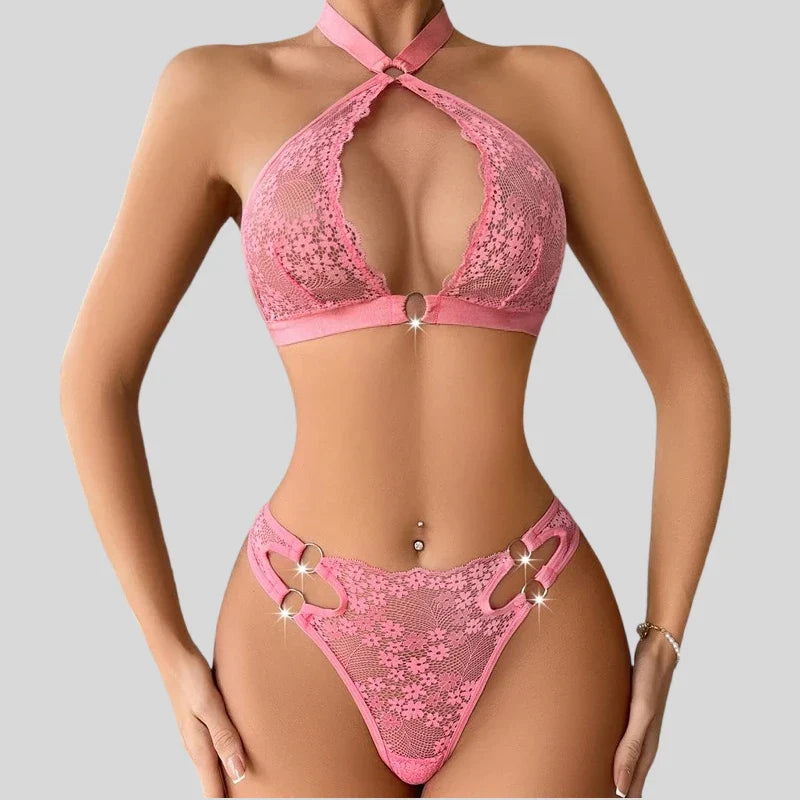 Toucheart 2 Pieces Lingerie Set Floral Lace Triangular Cup Transparent Halter Underwear Erotic Deluxe Lingerie Set
