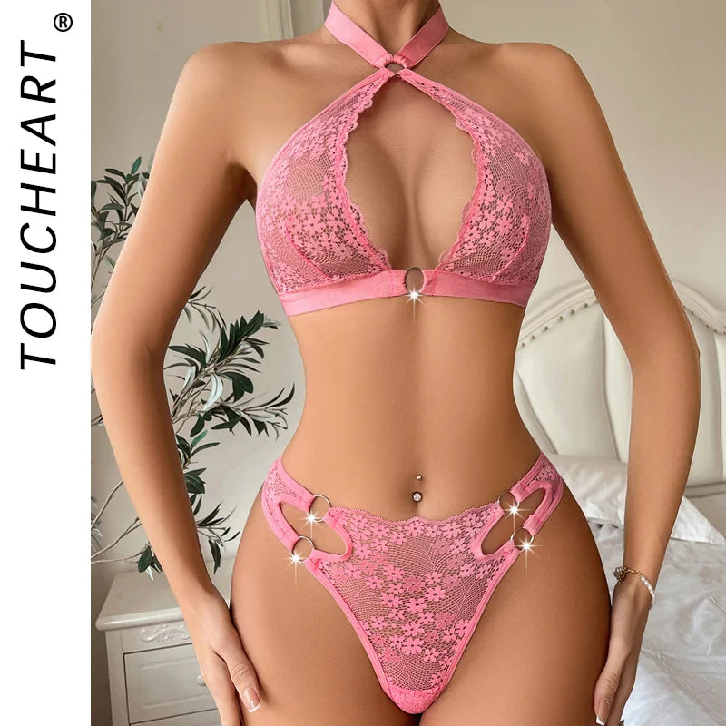Toucheart 2 Pieces Lingerie Set Floral Lace Triangular Cup Transparent Halter Underwear Erotic Deluxe Lingerie Set