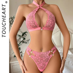 Toucheart 2 Pieces Lingerie Set Floral Lace Triangular Cup Transparent Halter Underwear Erotic Deluxe Lingerie Set