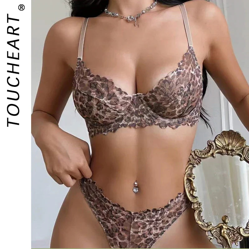 Toucheart 2 Pieces Lingerie Set Lace Underwire Bra Leopard Print Ultra Thin Underwear Briefs Comfortable Underwear