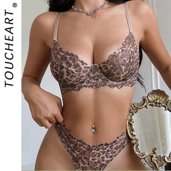 Toucheart 2 Pieces Lingerie Set Lace Underwire Bra Leopard Print Ultra Thin Underwear Briefs Comfortable Underwear