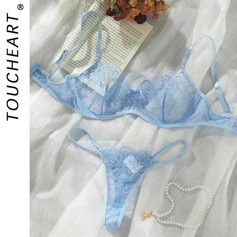 Toucheart 2 Pieces Lingerie Set Erotic Perspective Floral Bra Set Erotic Lingerie Female Lace Underwear Brief Set