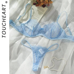 Toucheart 2 Pieces Lingerie Set Erotic Perspective Floral Bra Set Erotic Lingerie Female Lace Underwear Brief Set