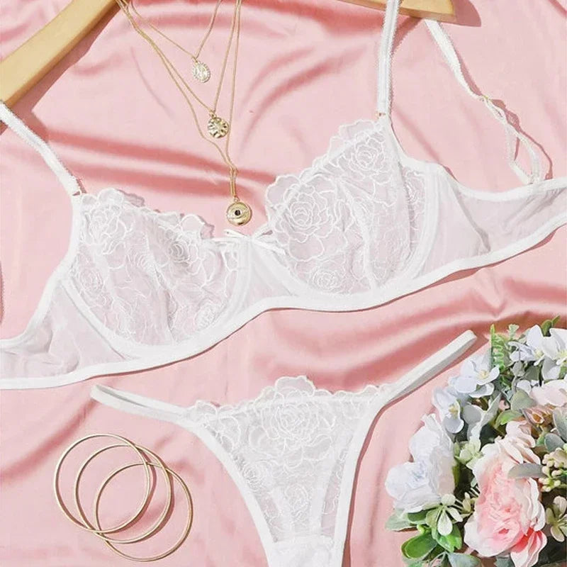 Toucheart 2 Pieces Lingerie Set Erotic Perspective Floral Bra Set Erotic Lingerie Female Lace Underwear Brief Set