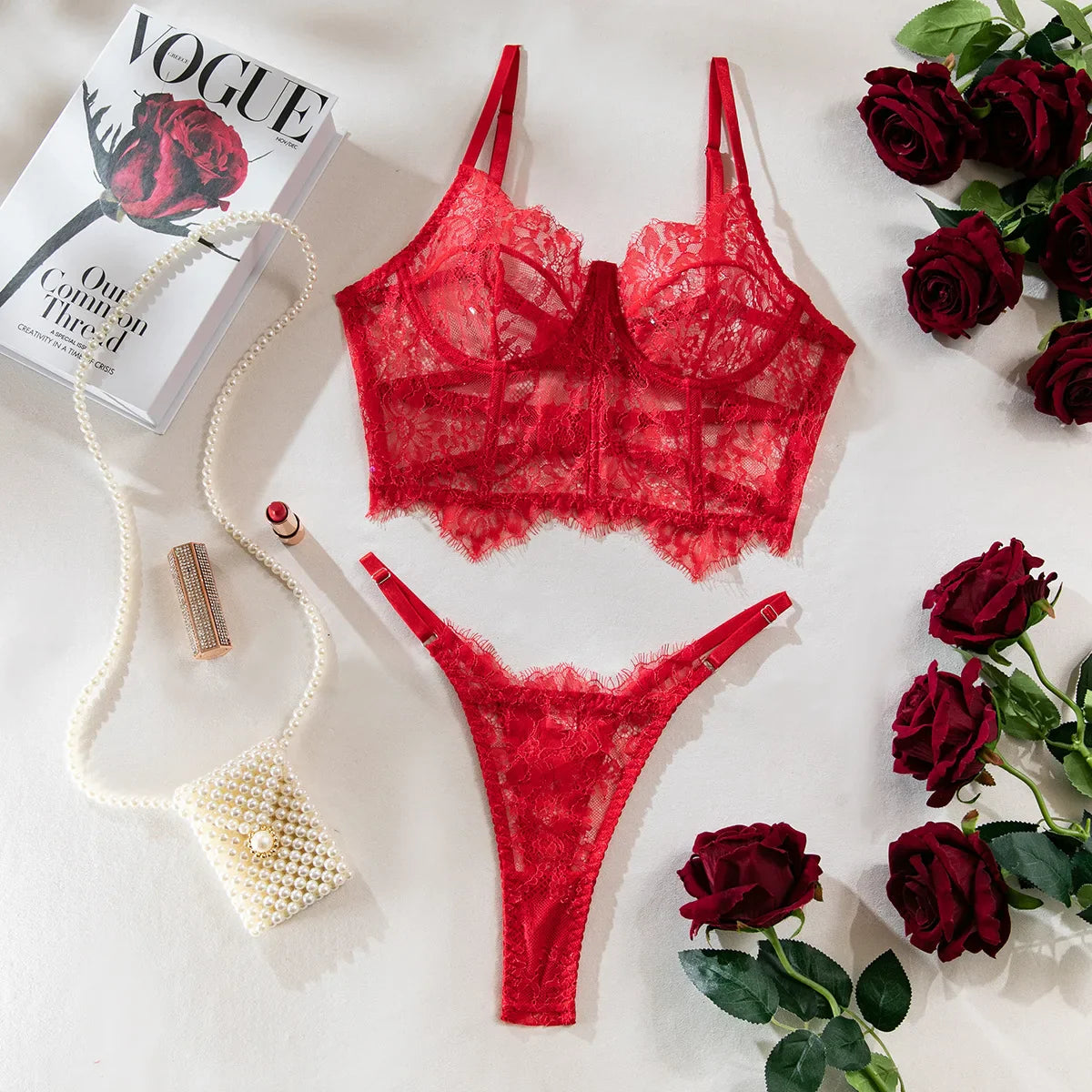 Toucheart 2-piece Lingerie Set Lace Mesh See-through Underwear Solid Color Printing Exotic Underwear Set