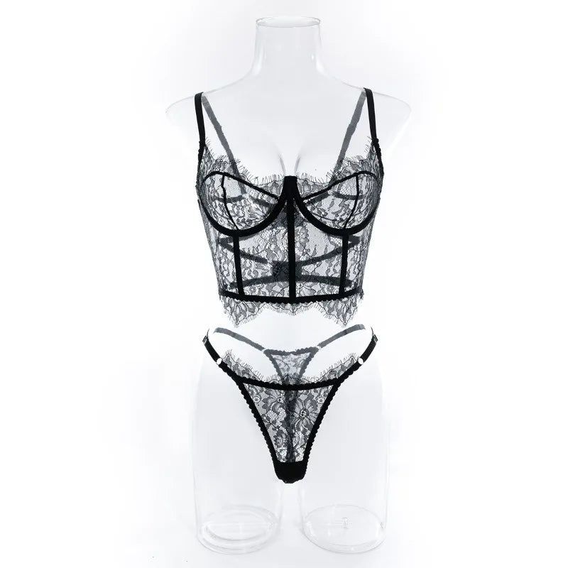 Toucheart 2-piece Lingerie Set Lace Mesh See-through Underwear Solid Color Printing Exotic Underwear Set