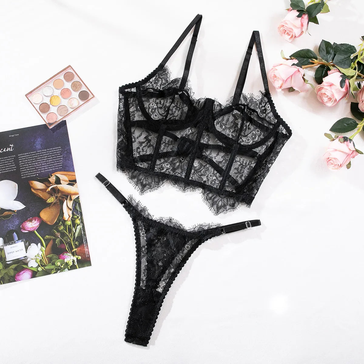 Toucheart 2-piece Lingerie Set Lace Mesh See-through Underwear Solid Color Printing Exotic Underwear Set