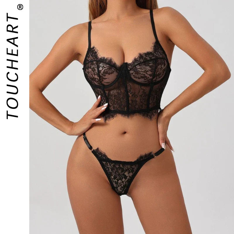 Toucheart 2-piece Lingerie Set Lace Mesh See-through Underwear Solid Color Printing Exotic Underwear Set