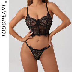 Toucheart 2-piece Lingerie Set Lace Mesh See-through Underwear Solid Color Printing Exotic Underwear Set